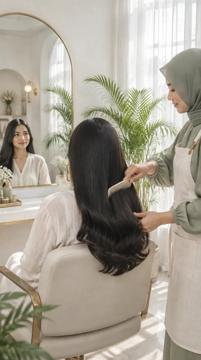 Penata rambut menyisir rambut panjang pelanggan