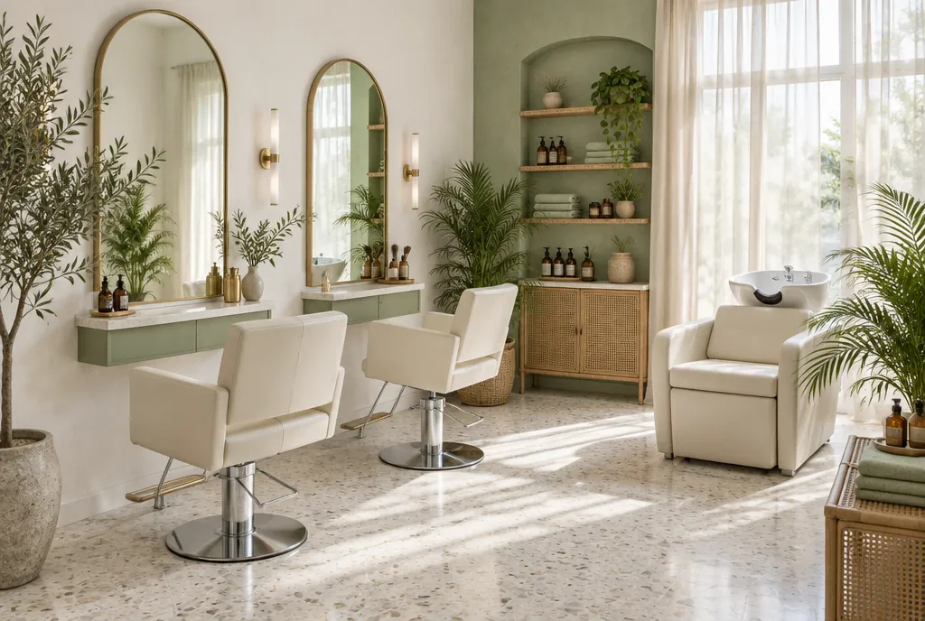 Area styling dengan cermin melengkung berbingkai emas