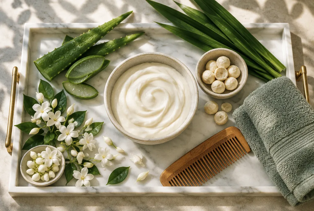Mangkuk krim creambath dengan lidah buaya, pandan, kemiri, dan melati di atas nampan marmer