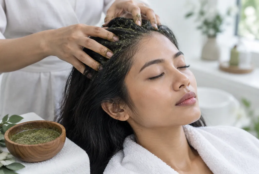Ujung jari mengoleskan skrub herbal hijau di belahan rambut