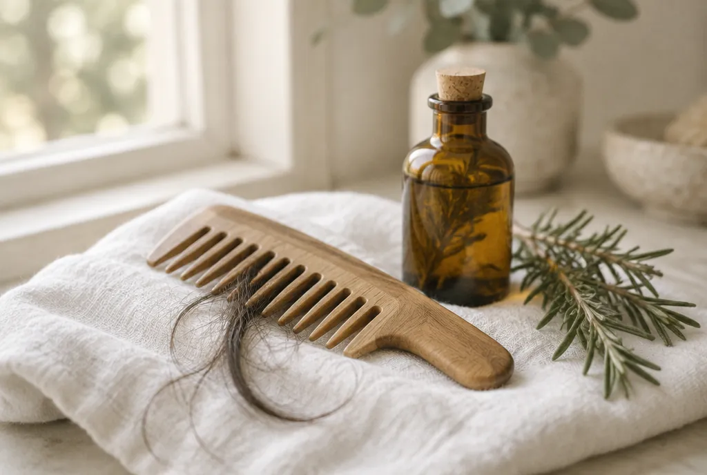 Sisir kayu dengan beberapa helai rambut di samping botol tonik rambut herbal