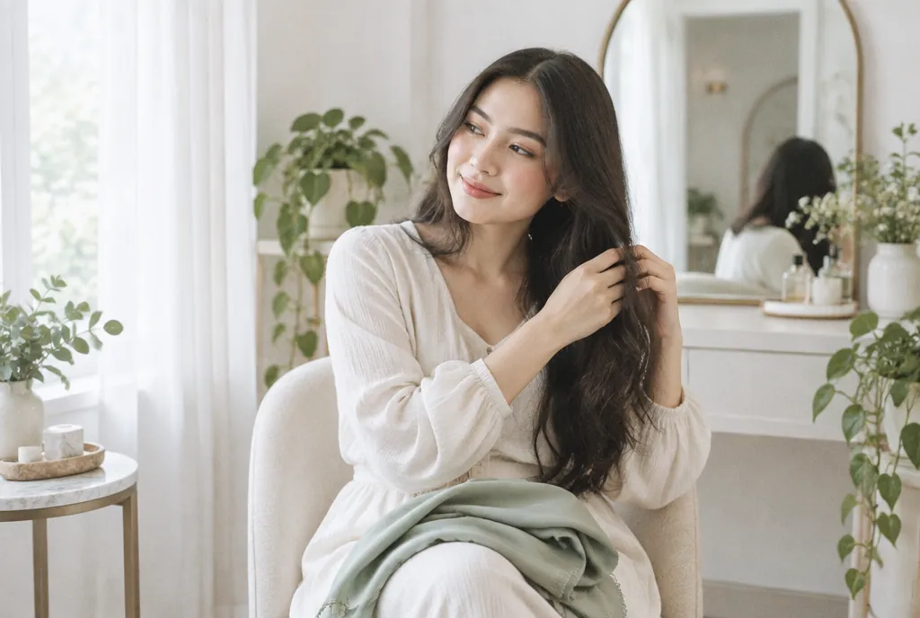 Perempuan melepas hijab dan menggerai rambut panjangnya di ruang privat salon