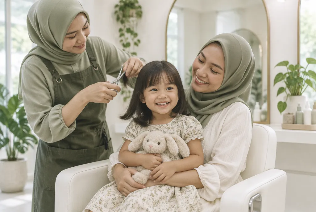 Anak perempuan tersenyum saat poninya dirapikan penata rambut