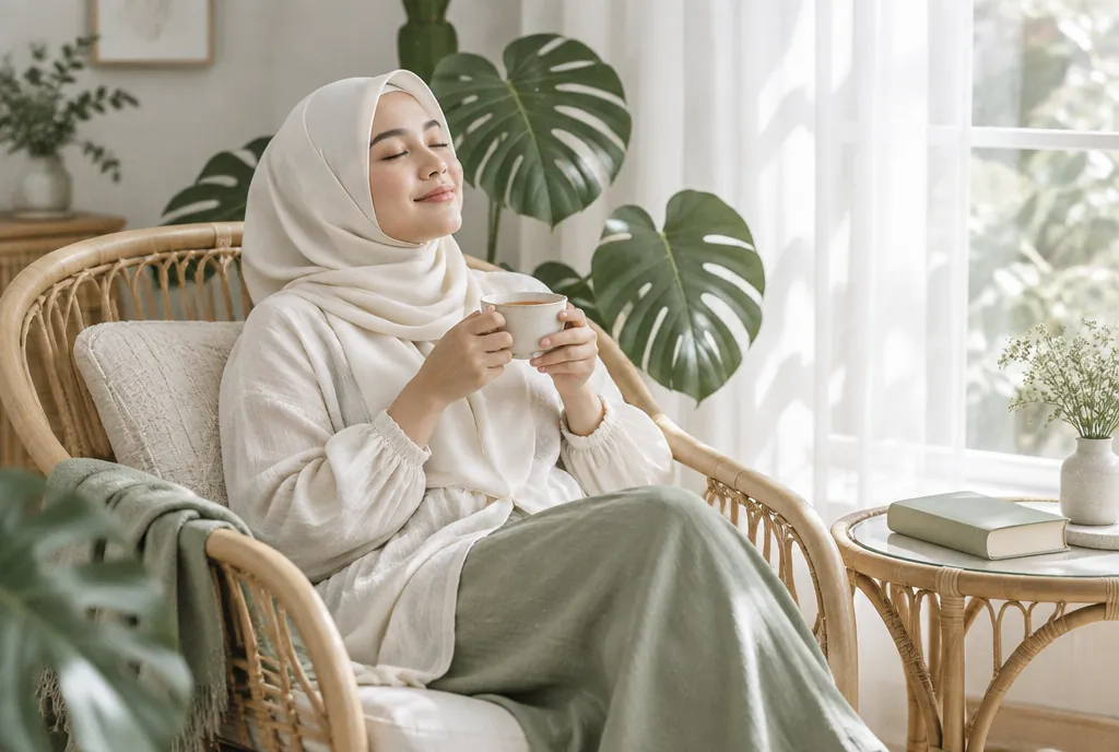 Perempuan berhijab bersantai dengan secangkir teh di dekat jendela