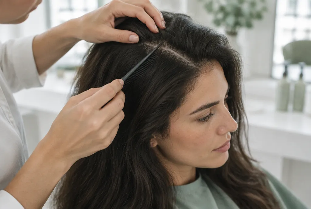 Penata rambut membelah rambut pelanggan dengan sisir untuk memeriksa kulit kepala