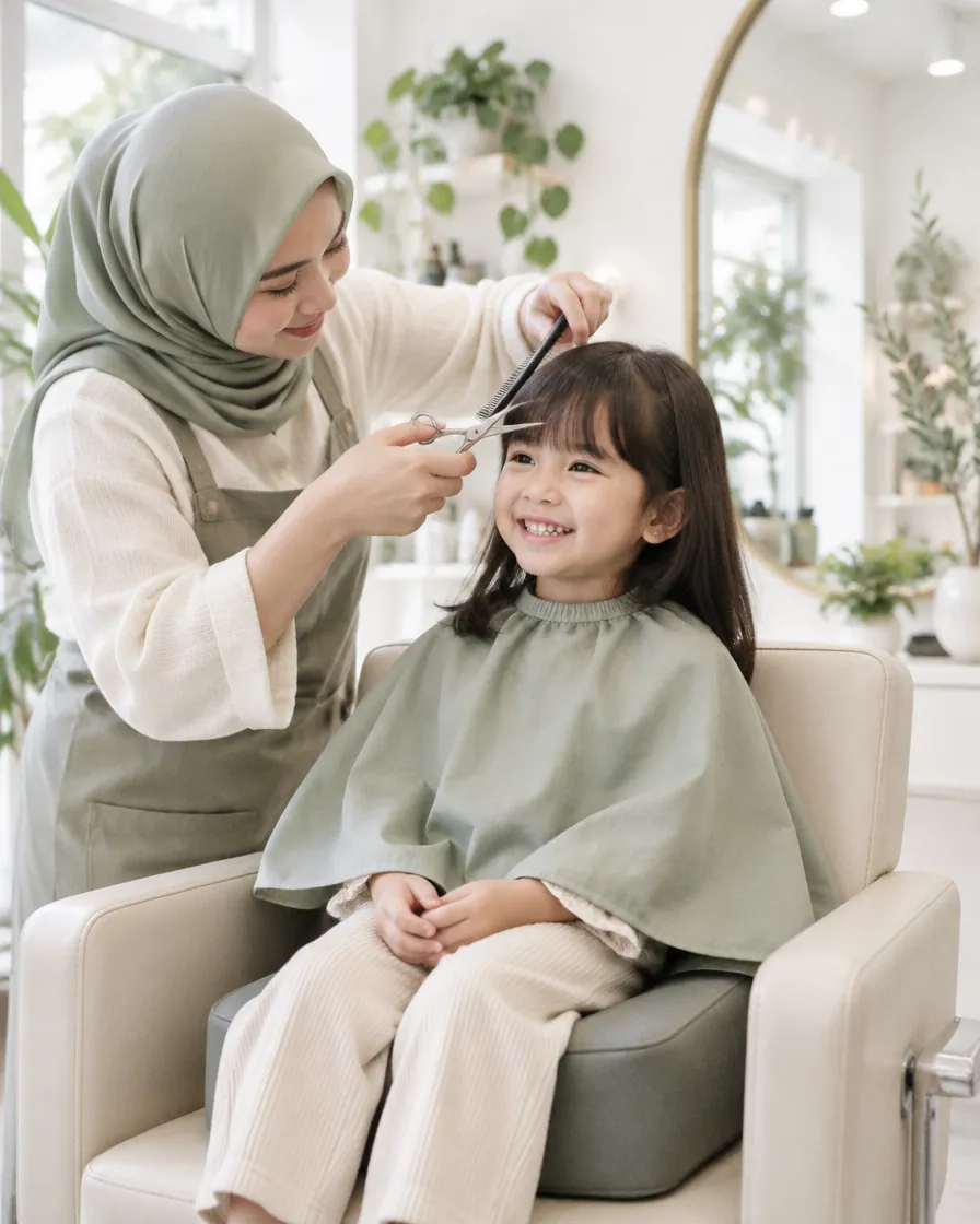 Anak tersenyum saat poninya dirapikan