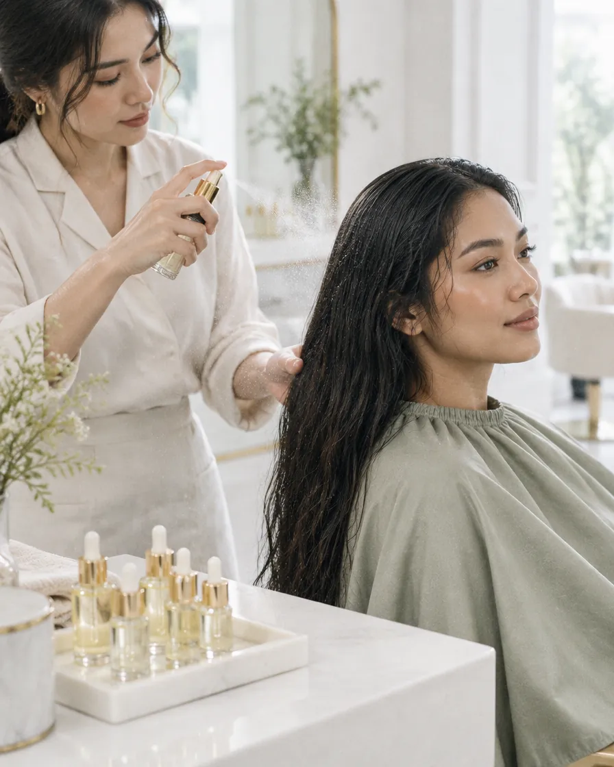 Serum rambut disemprotkan ke rambut pelanggan