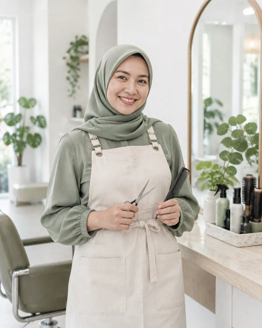 Penata rambut Alesta tersenyum memegang sisir dan gunting